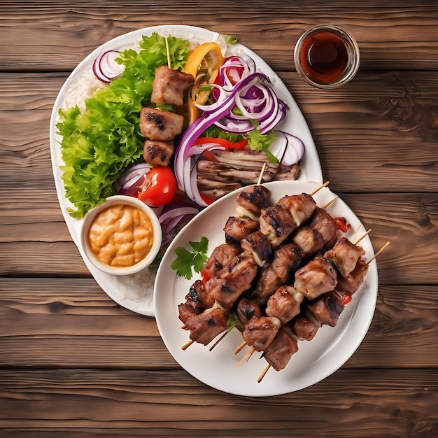 a plate of food with a plate of food that says kebab