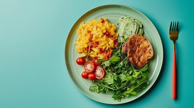 Photo a plate of food with a plate of food that says rice meat and vegetables