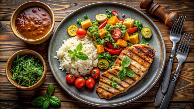 a plate of food with a plate of food with a meal on it