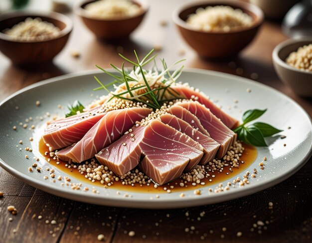 Photo a plate of food with a plate of food with a variety of ingredients