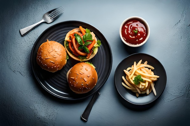 A plate of food with a plate of hamburgers and fries.