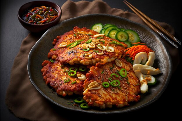 A plate of food with a plate of kimchi and a bowl of vegetables.