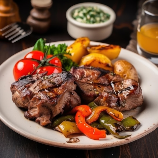 A plate of food with a plate of meat and vegetables.