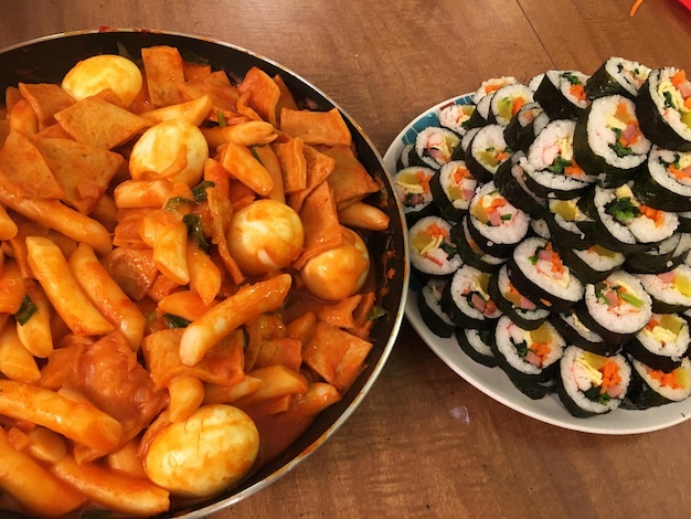 A plate of food with a plate of sushi and a plate of sushi.