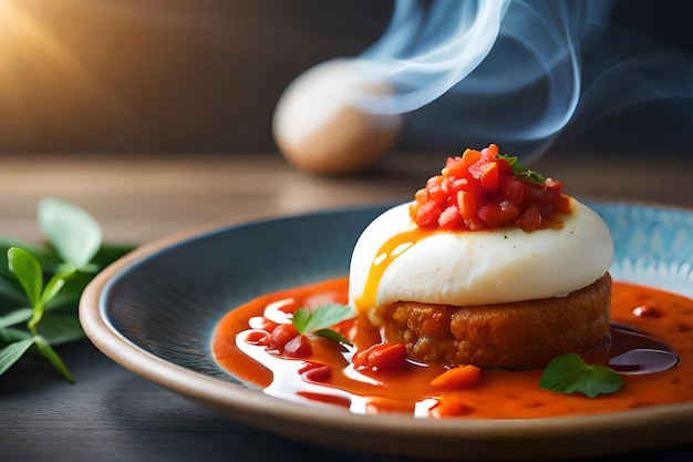 A plate of food with a poached egg on top and tomato sauce on top.