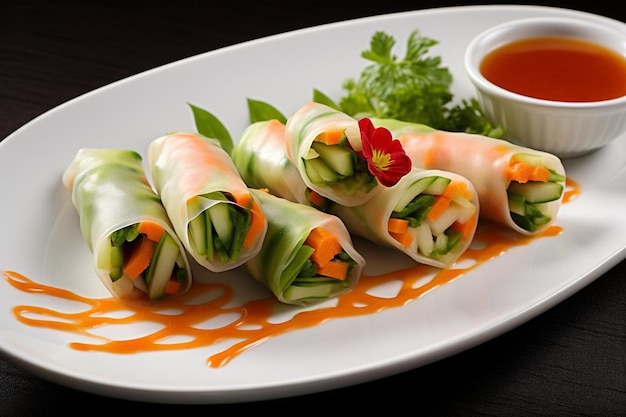 a plate of food with a red flower on it