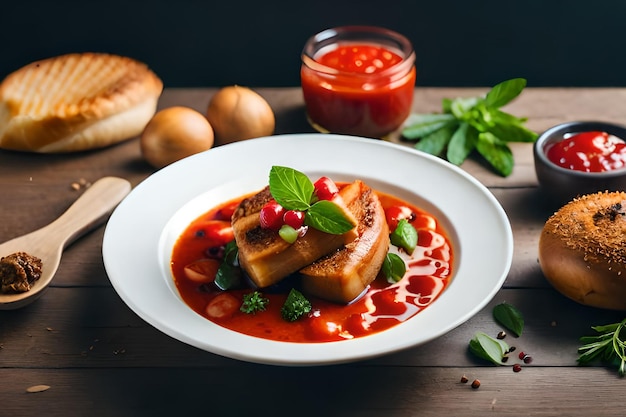 A plate of food with a red sauce and basil leaves on the table.