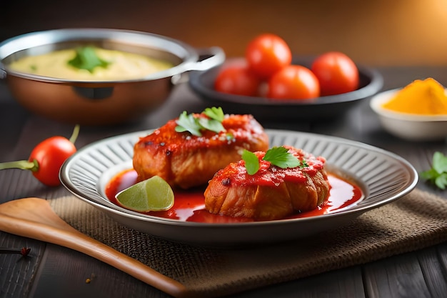 A plate of food with a red sauce and a bowl of soup on the side.