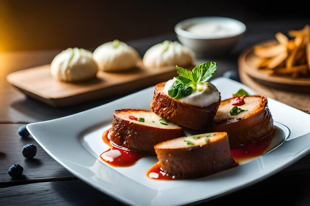 Photo a plate of food with a red sauce on it and a plate with a piece of bread on it