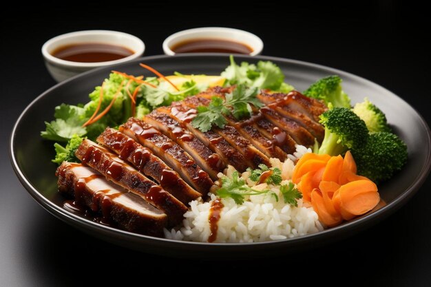 Photo a plate of food with rice broccoli carrots and rice