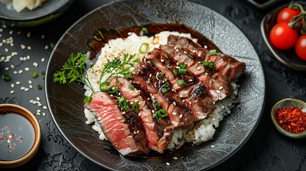 Photo a plate of food with rice broccoli and rice