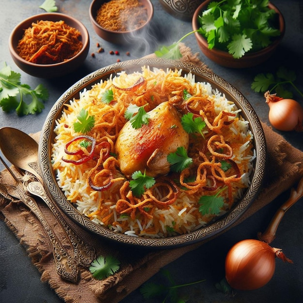 a plate of food with rice and chicken and onions