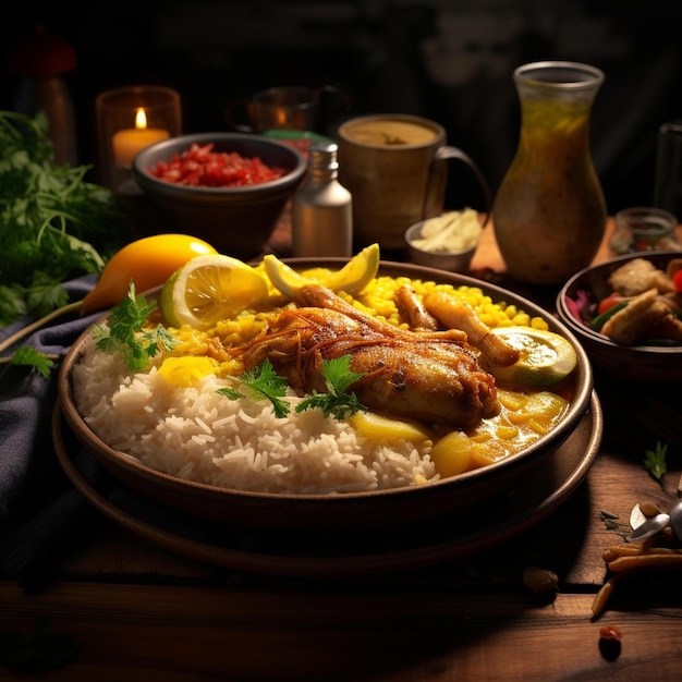 A plate of food with rice, chicken, and vegetables on it.