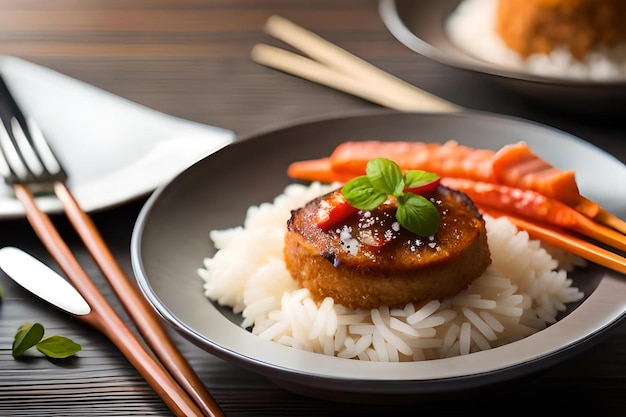 A plate of food with rice and chopsticks on a table.