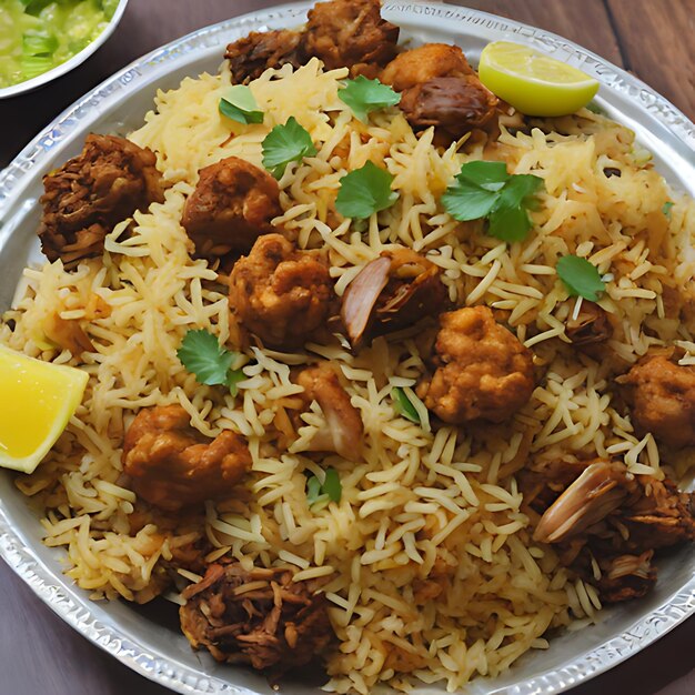 Photo a plate of food with rice and a lime wedge on the side