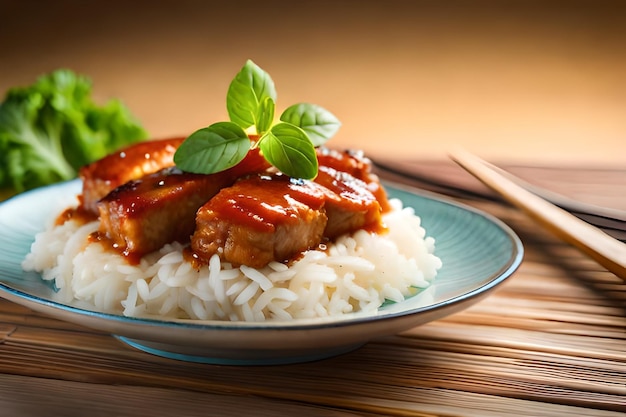 a plate of food with rice and meat on it