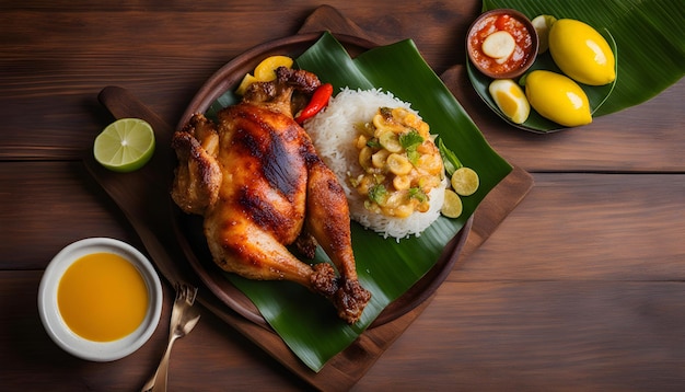 a plate of food with rice rice and a chicken on it