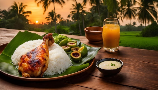 a plate of food with rice rice and a glass of orange juice