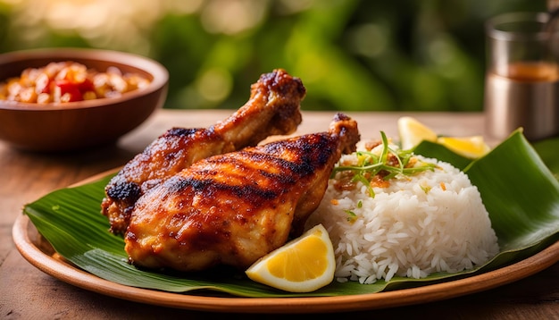 a plate of food with rice rice and lemon