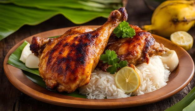 a plate of food with rice rice and lemon