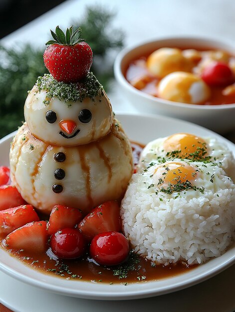 a plate of food with rice rice and a snowman on it