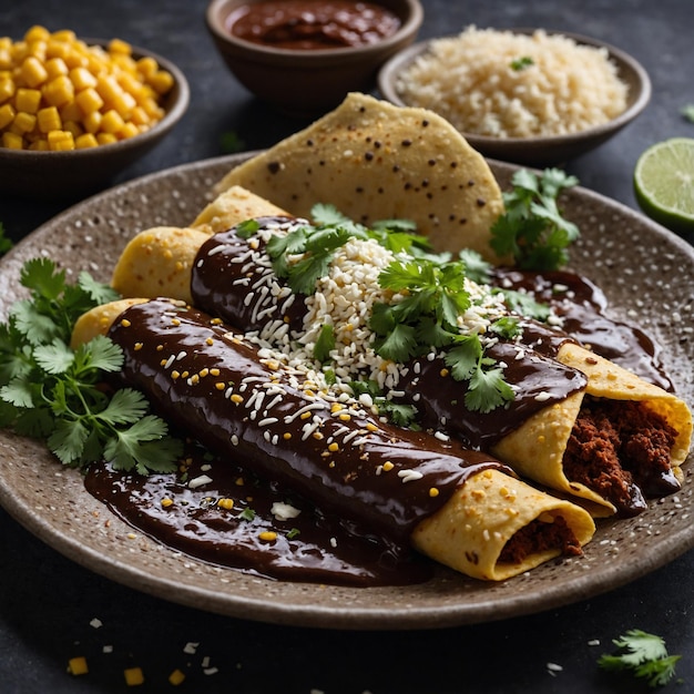 A plate of food with rice and a tortilla with rice and a tortilla