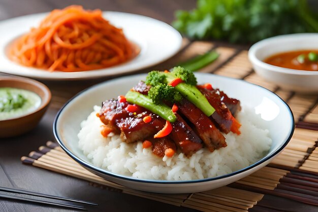 a plate of food with rice and vegetables on it