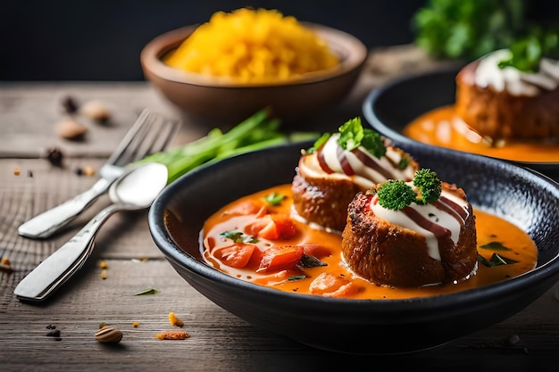 a plate of food with rice and vegetables on a wooden table