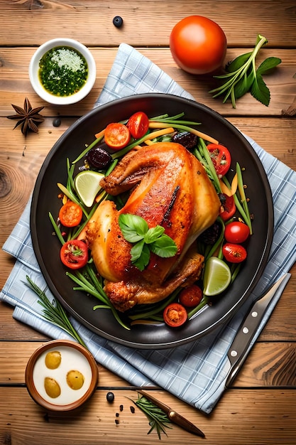 A plate of food with a roast chicken on it