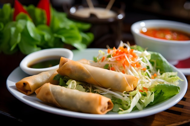 Photo a plate of food with a salad and a bowl of soup.