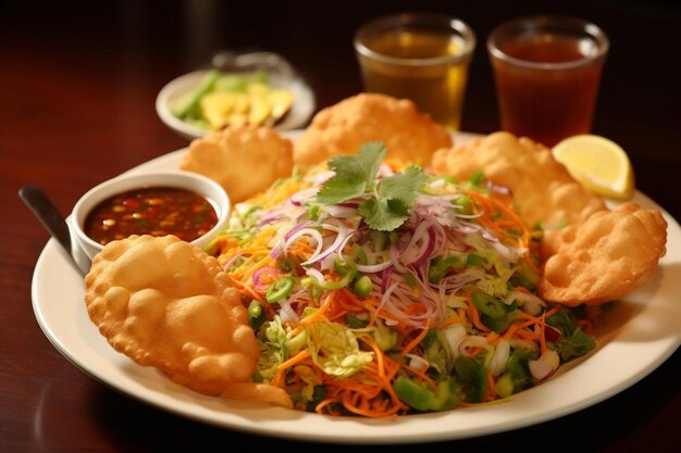 a plate of food with a salad and a cup of beer