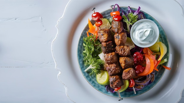 a plate of food with a salad and a dip