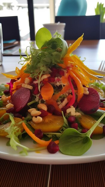 A plate of food with a salad on it and a fork on the table.