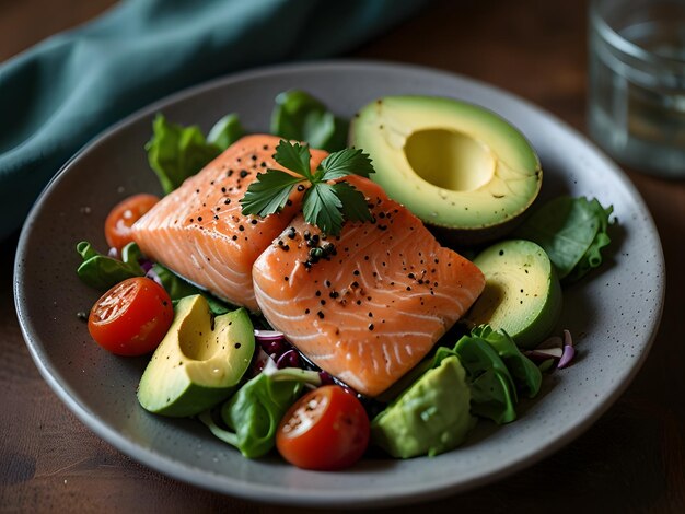 a plate of food with salmon and avocado