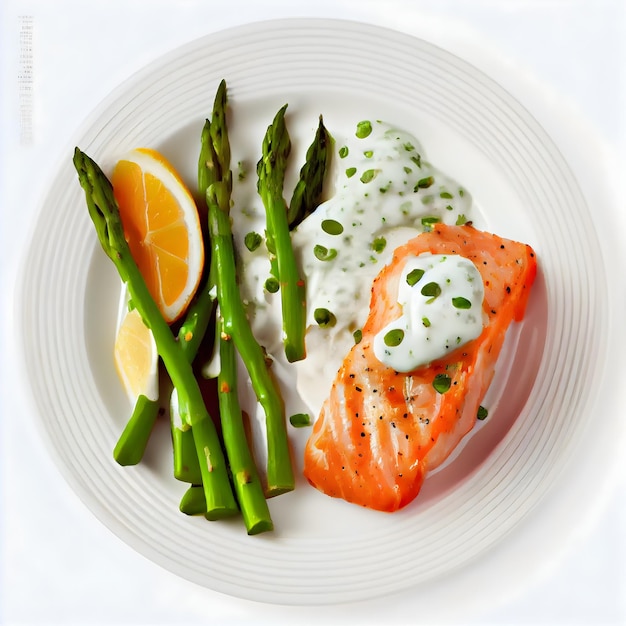 A plate of food with a salmon on it and asparagus on it.