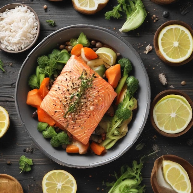 Photo a plate of food with salmon lemon and herbs