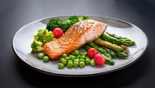 Photo a plate of food with salmon peas and broccoli