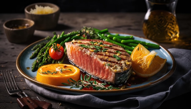 A plate of food with a salmon steak and asparagus