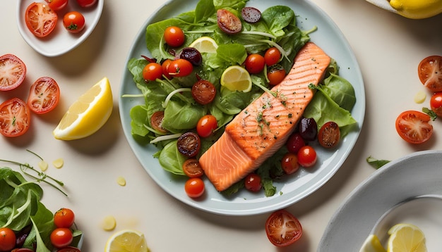 a plate of food with salmon tomatoes and lemons