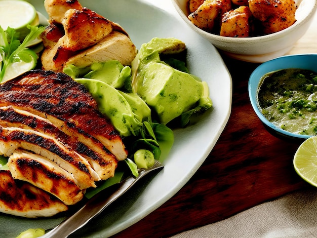 a plate of food with a sandwich and a bowl of guacamole