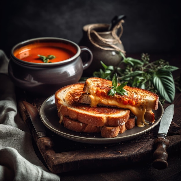 A plate of food with a sandwich and a bowl of soup.