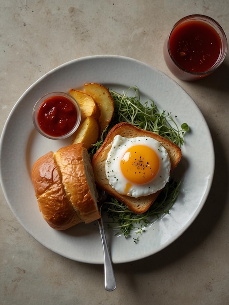 a plate of food with a sandwich and a cup of ketchup