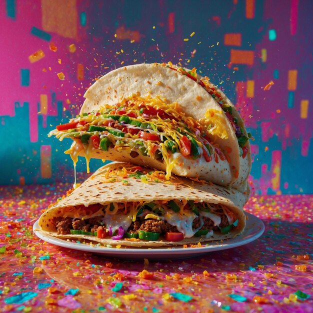 a plate of food with a sandwich on it and a plate with a colorful confetti on it