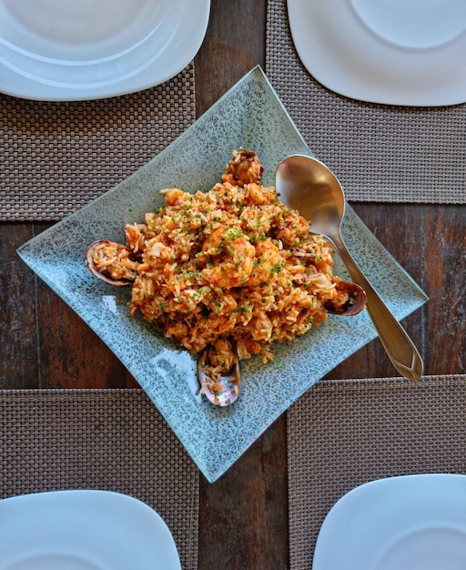 Plate of food with seafood and rice