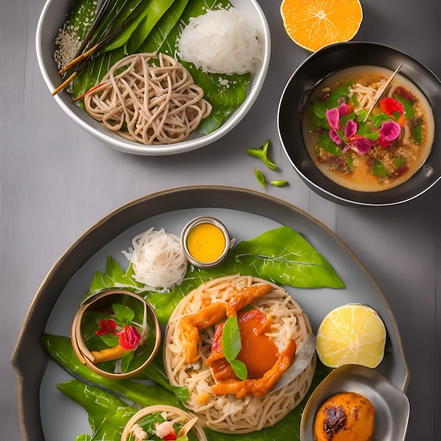 A plate of food with a shrimp on it and other food on it.