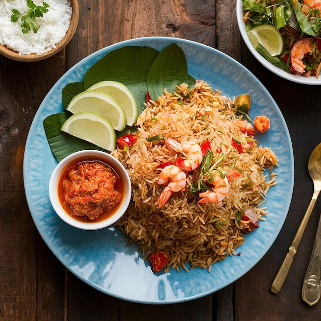 Photo a plate of food with shrimp and rice and a side of rice