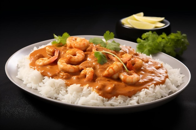 a plate of food with shrimp and rice and a side of rice