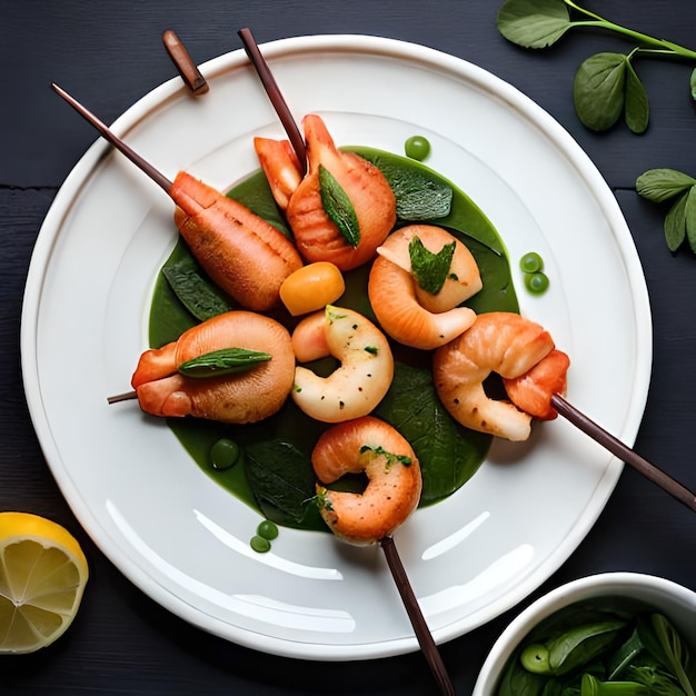 A plate of food with shrimps and greens on it