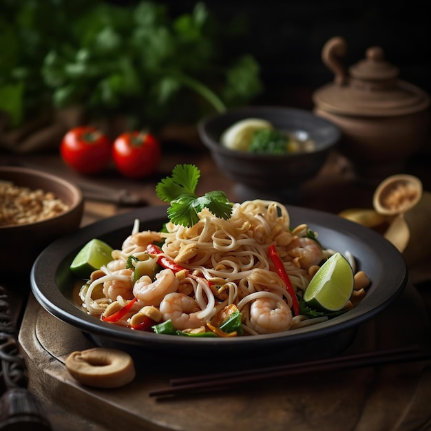 A plate of food with shrimps and limes on a wooden table.