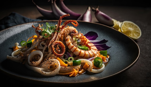 A plate of food with shrimps and vegetables